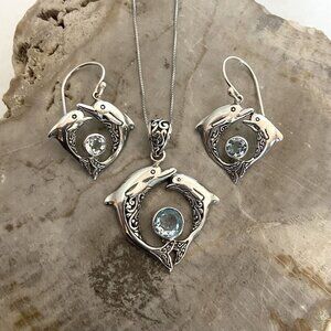 Sterling Silver 925 Blue Topaz Dolphin Earrings & Pendant Necklace Set 18"
